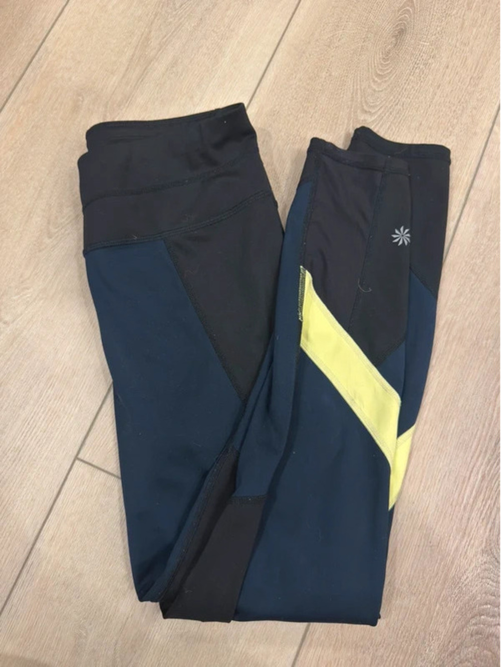 Athleta Women’s Black Navy Neon Yellow Colorblock Running Leggings Zip Pocket